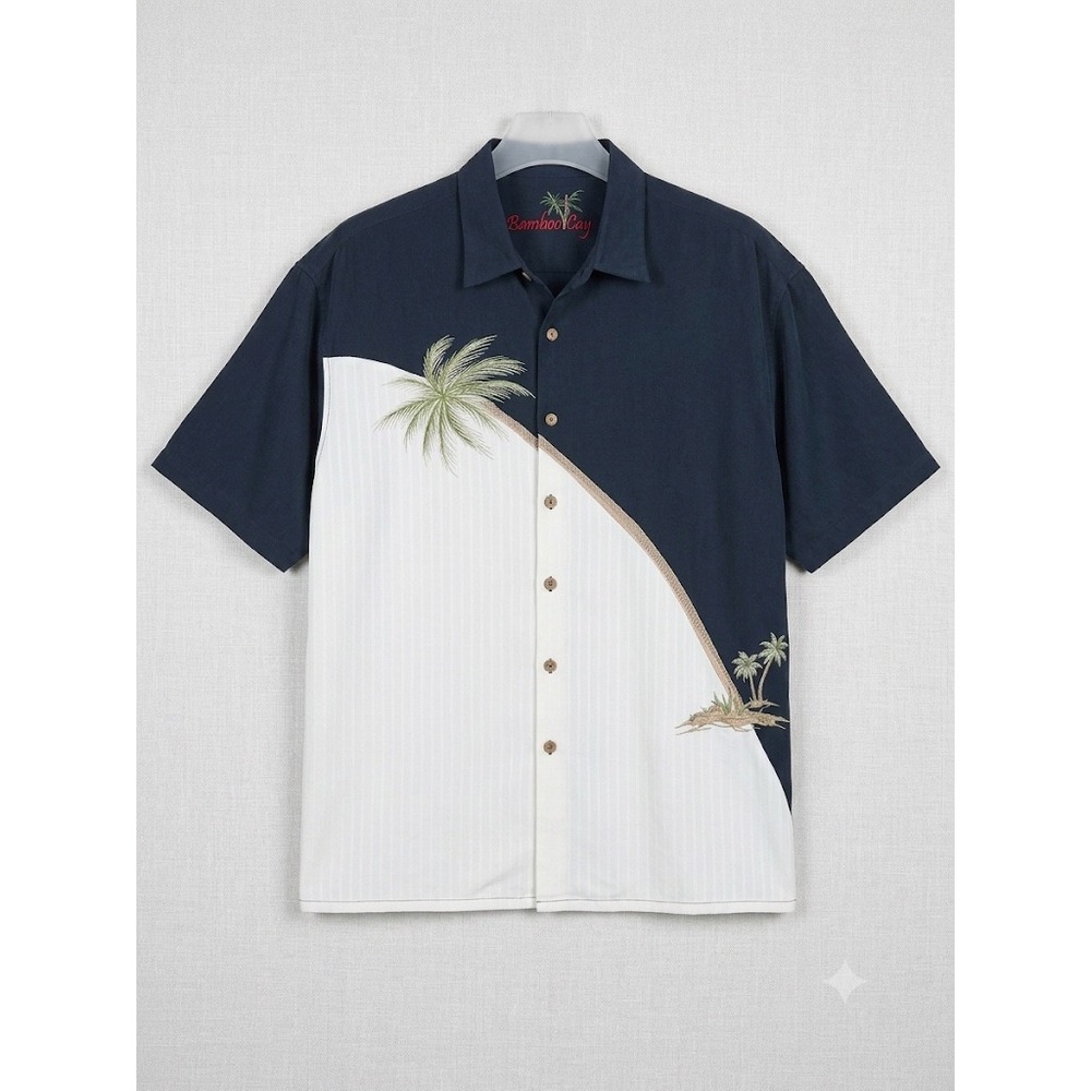 Bamboo Cay Short Sleeve Shirt Palm Tree Embroidered Black White XL Vintage Beach